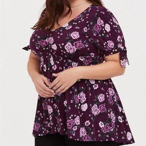 Torrid Purple Floral Tie Sleeve Studio Knit‎ Tee Sz 2